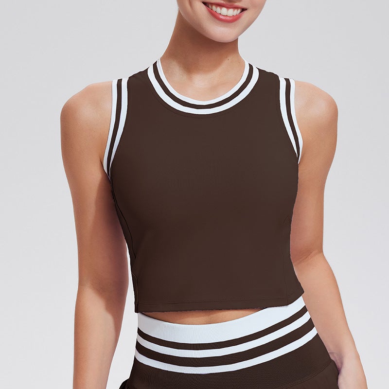 Tennis Wear Sports Vest Women'S One-Cup Mesh Thread Retro Contrasting Color Fitness Bra Yoga Short Top - Image 1